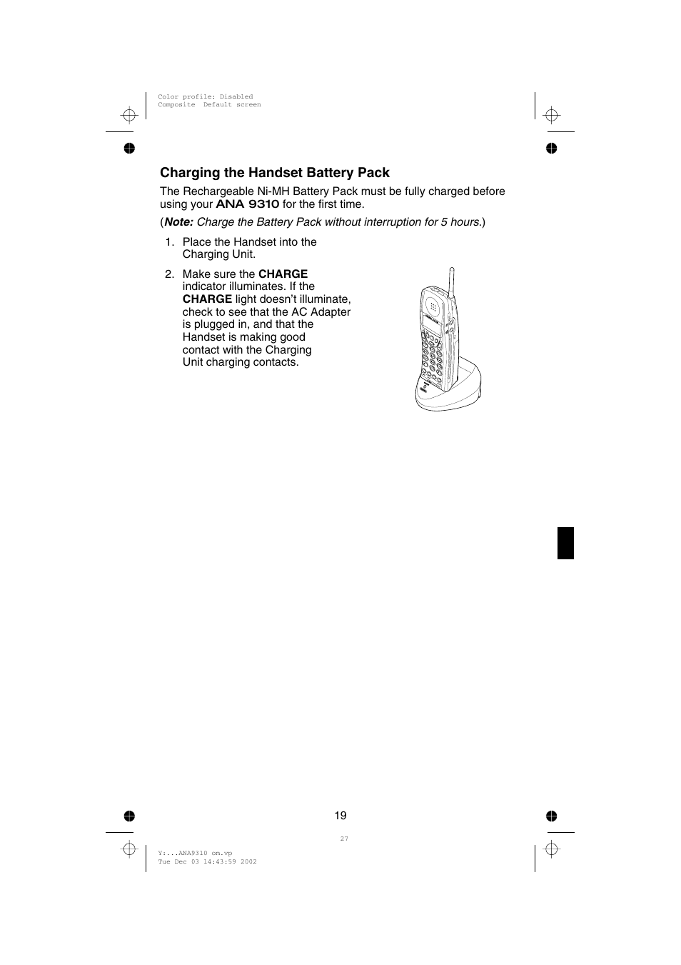 Charging the handset battery pack | Uniden ANA 9310 User Manual | Page 25 / 46