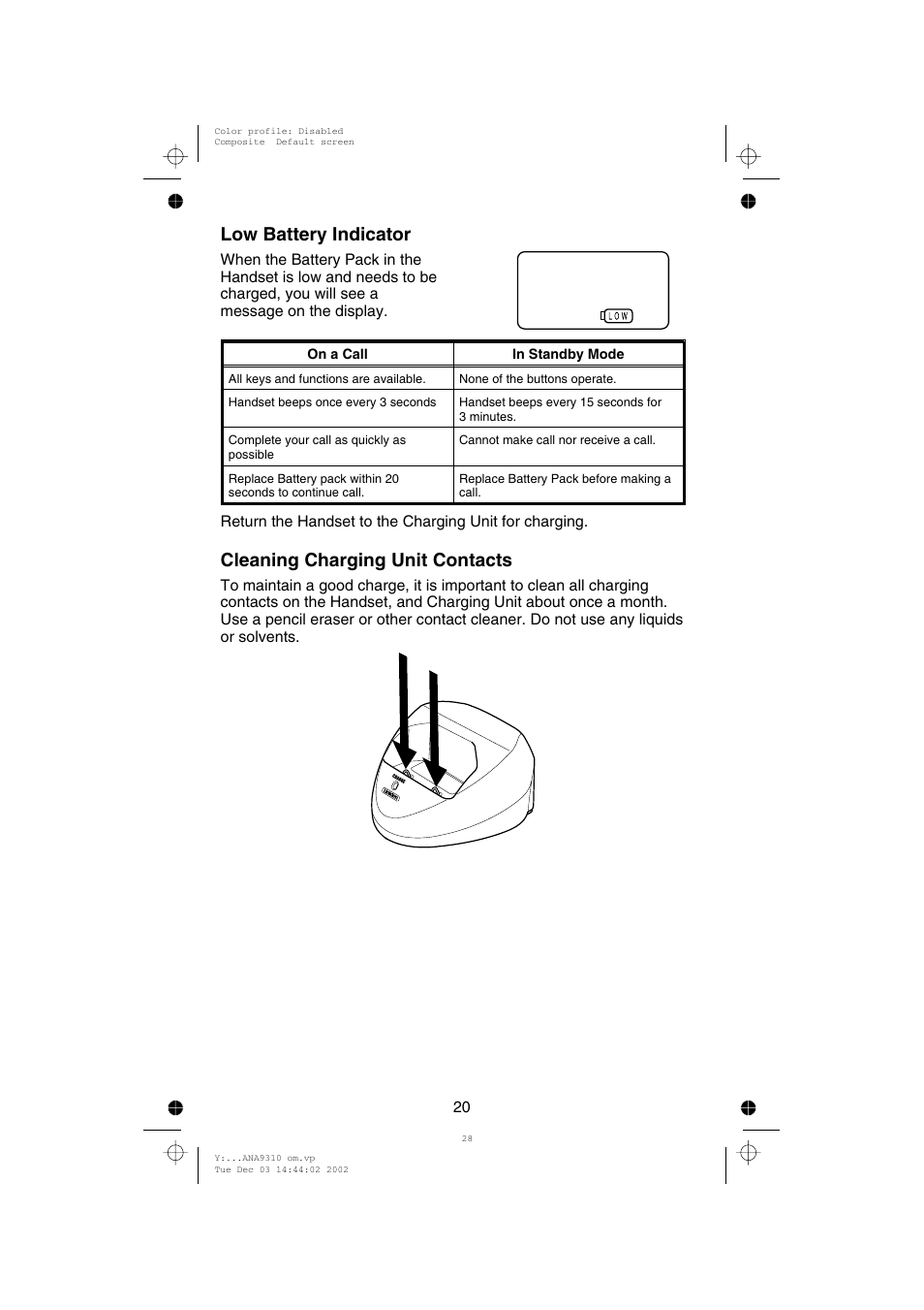 Low battery indicator, Cleaning charging unit contacts | Uniden ANA 9310 User Manual | Page 26 / 46