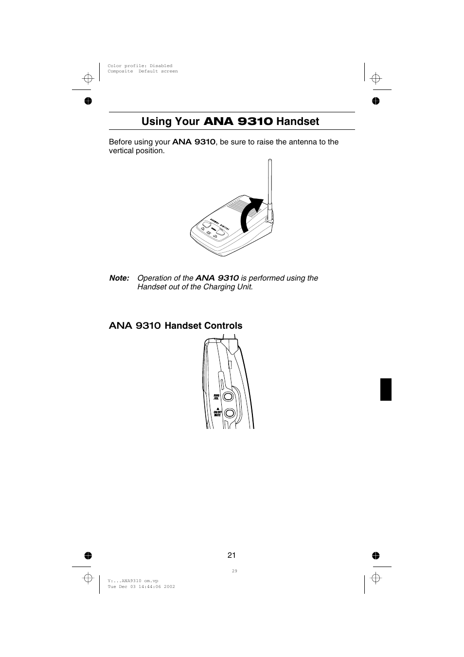 Using your ana 9310 handset, Ana 9310 handset controls | Uniden ANA 9310 User Manual | Page 27 / 46