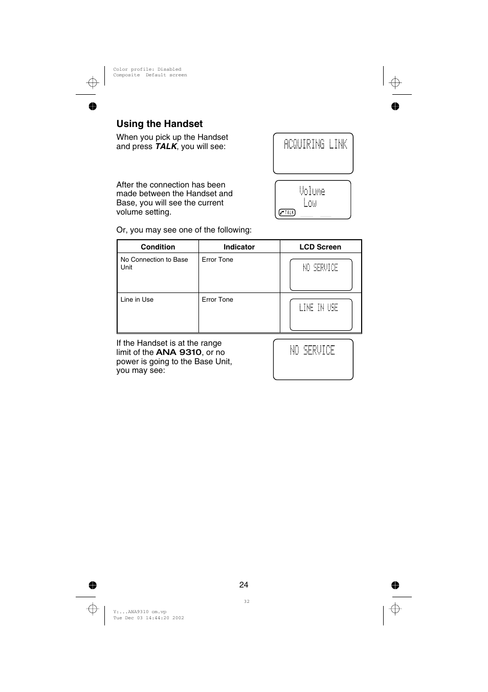 Using the handset | Uniden ANA 9310 User Manual | Page 30 / 46