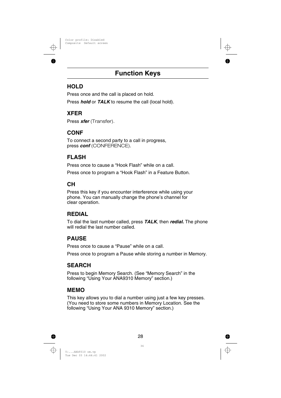 Function keys | Uniden ANA 9310 User Manual | Page 34 / 46