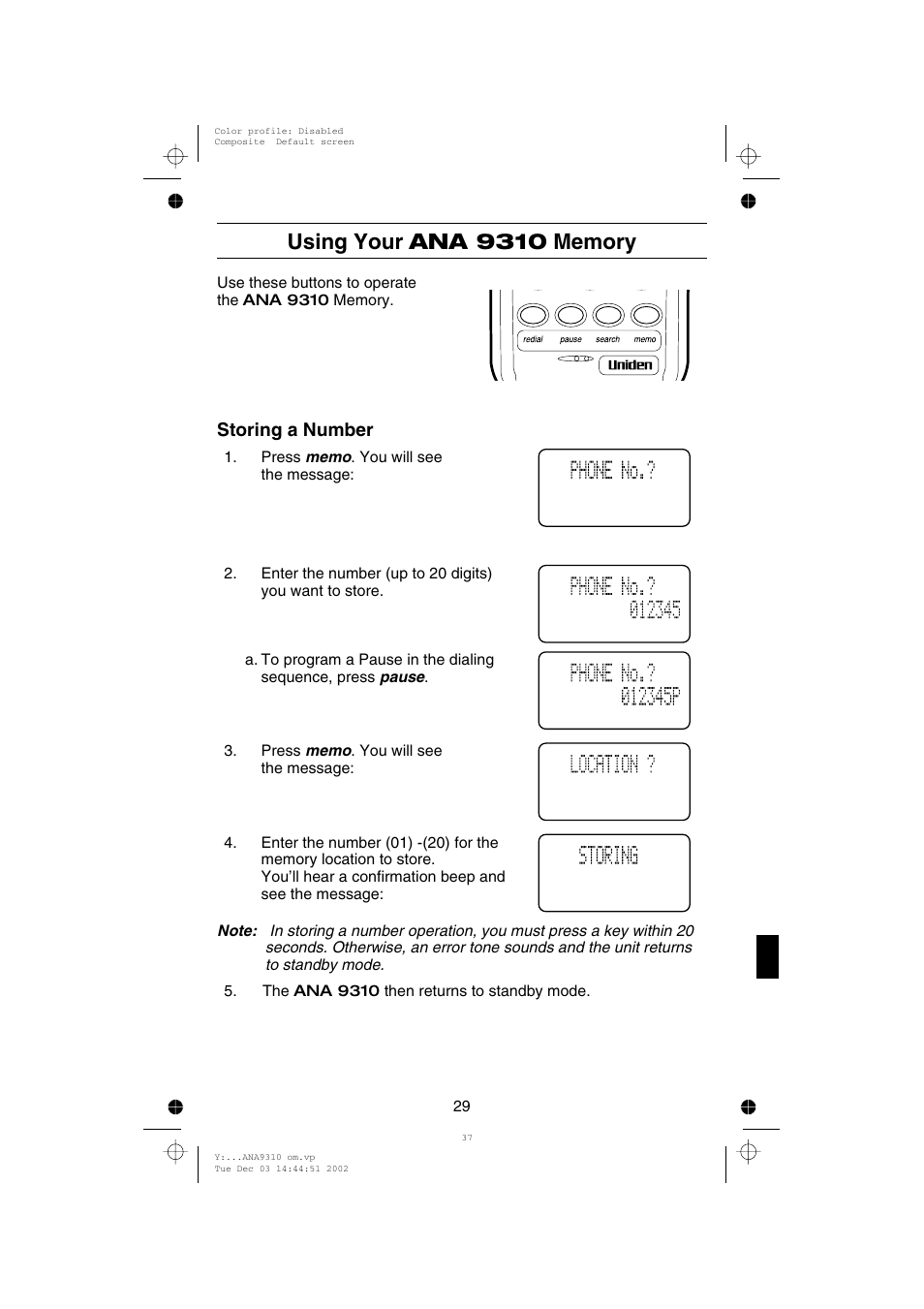 Storing a number | Uniden ANA 9310 User Manual | Page 35 / 46