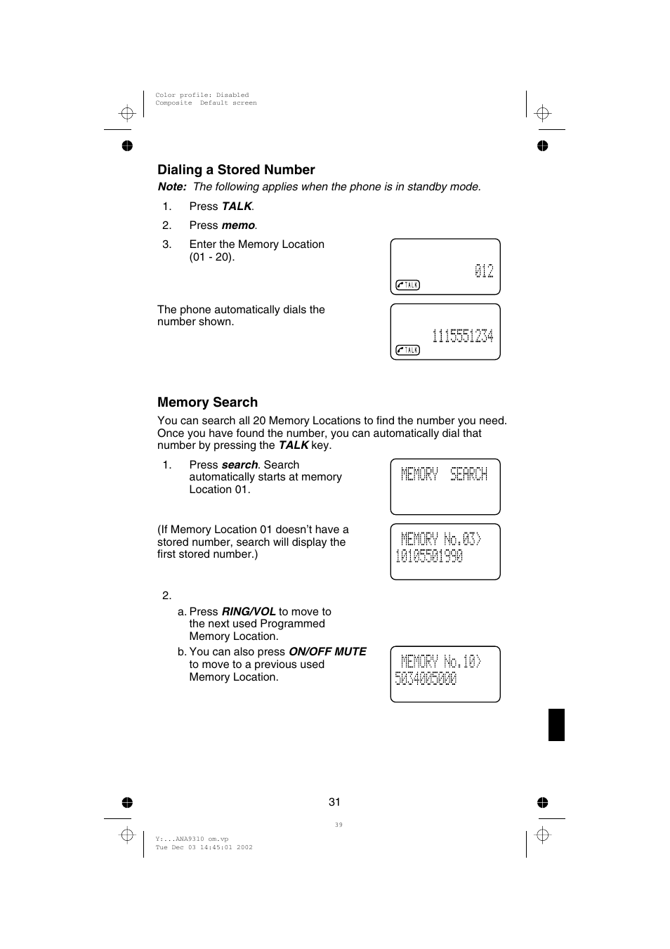 Dialing a stored number | Uniden ANA 9310 User Manual | Page 37 / 46