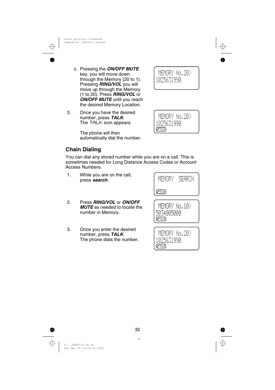 Chain dialing | Uniden ANA 9310 User Manual | Page 38 / 46