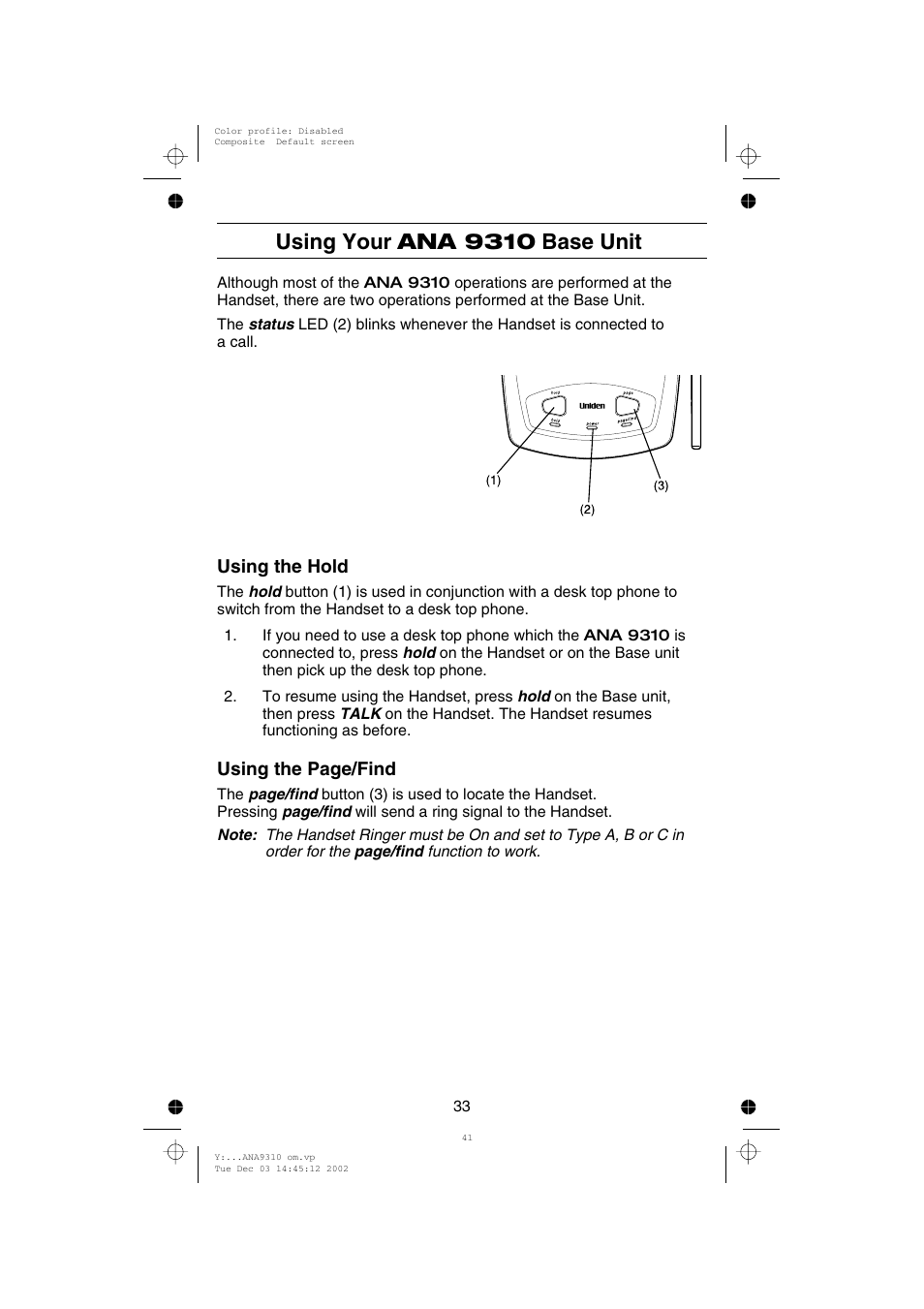 Using your ana 9310 base unit, Using the hold, Using the page/find | Uniden ANA 9310 User Manual | Page 39 / 46