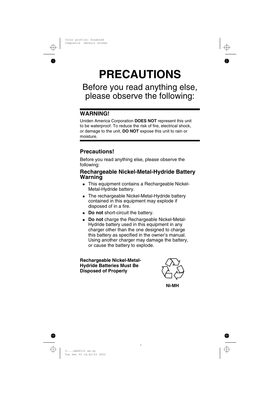 Precautions | Uniden ANA 9310 User Manual | Page 4 / 46