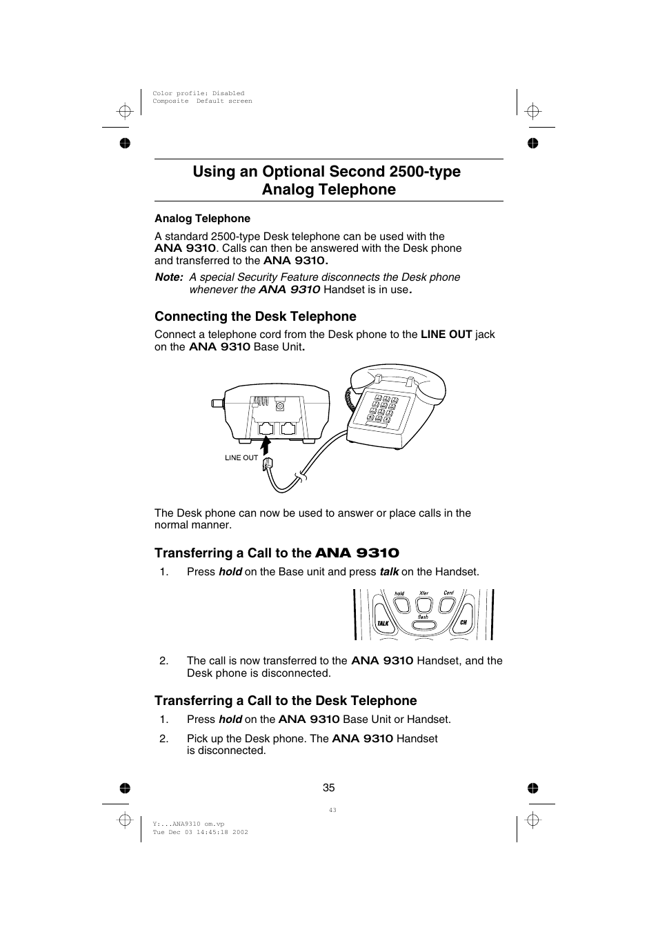 Connecting the desk telephone, Transferring a call to the ana 9310, Transferring a call to the desk telephone | Uniden ANA 9310 User Manual | Page 41 / 46