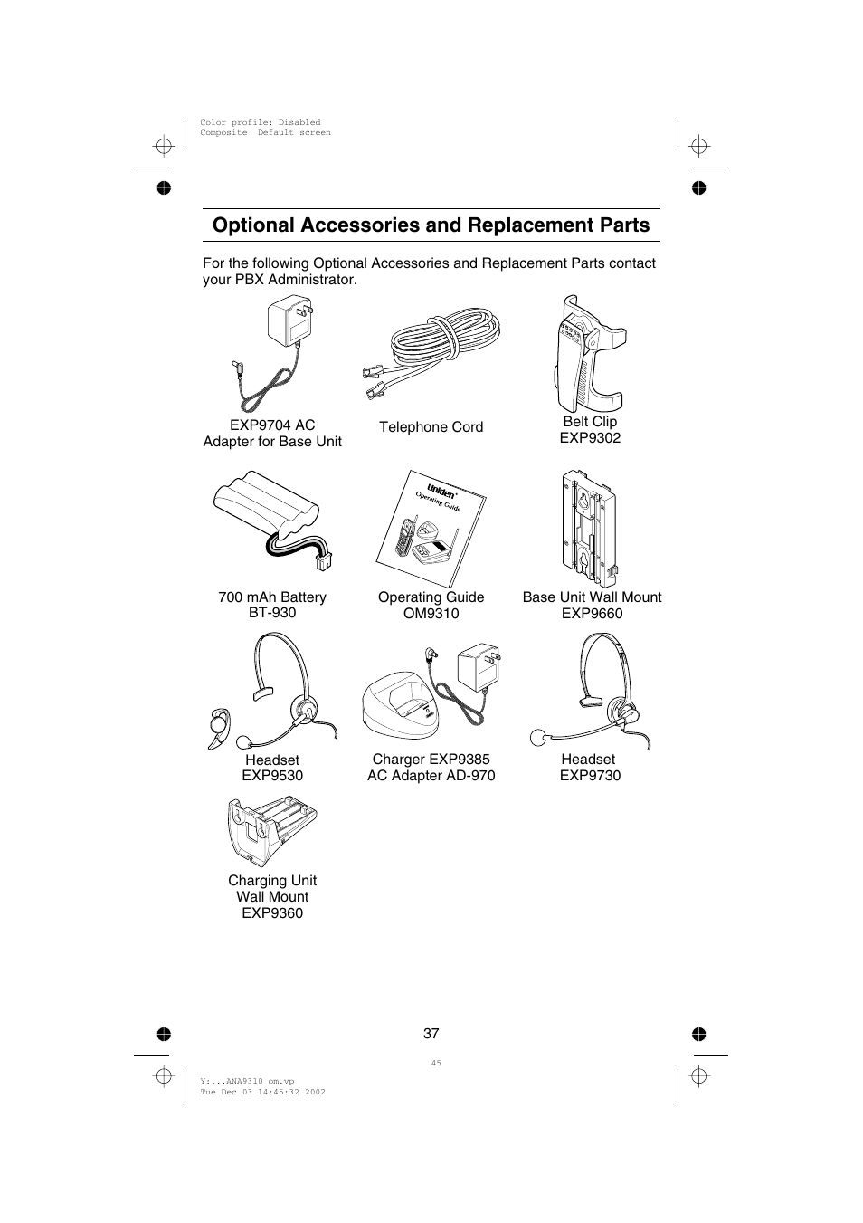 Optional accessories and replacement parts | Uniden ANA 9310 User Manual | Page 43 / 46
