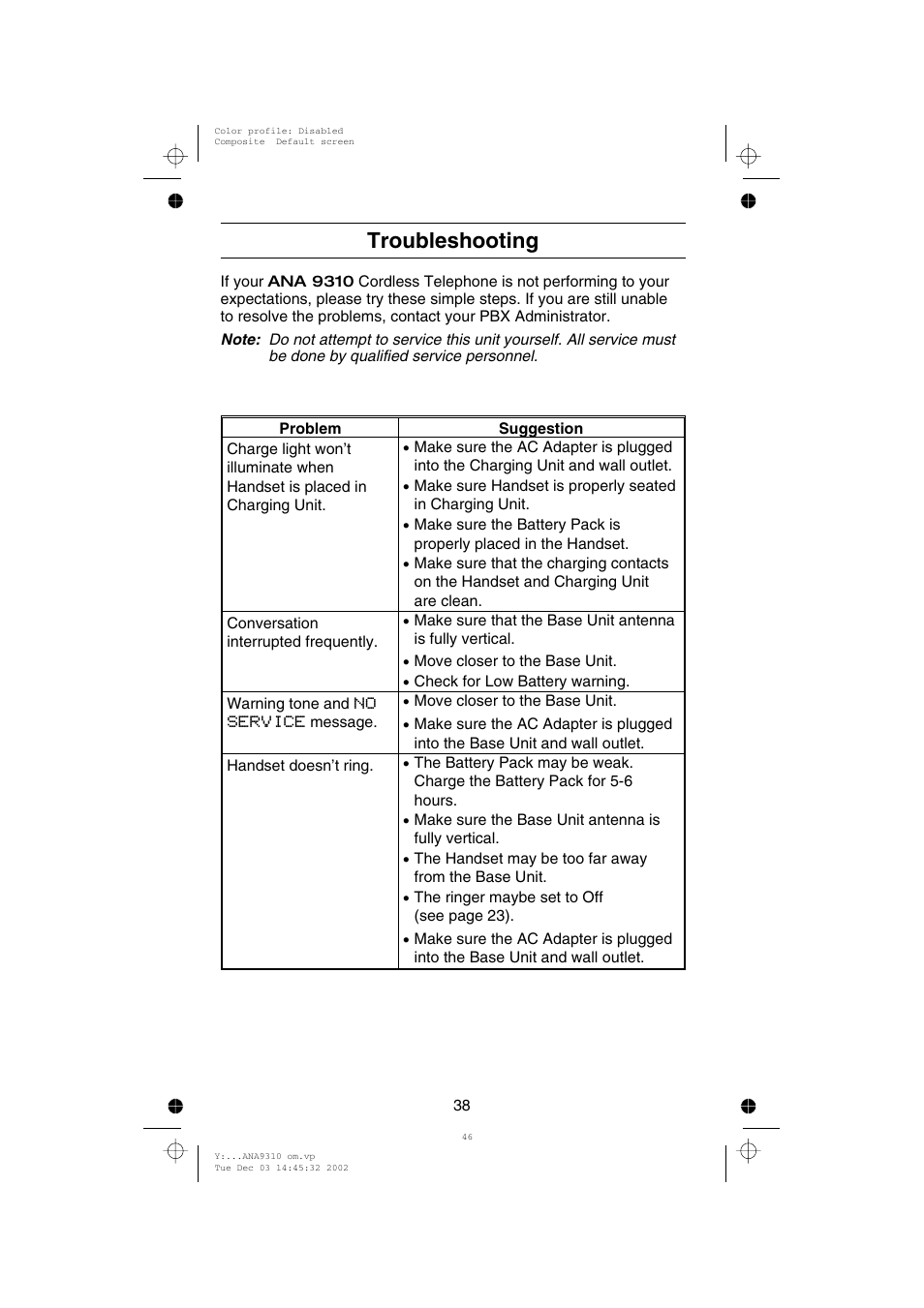 Troubleshooting | Uniden ANA 9310 User Manual | Page 44 / 46