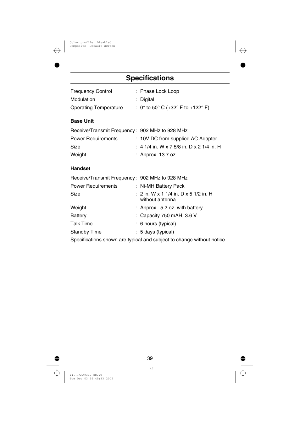 Specifications | Uniden ANA 9310 User Manual | Page 45 / 46