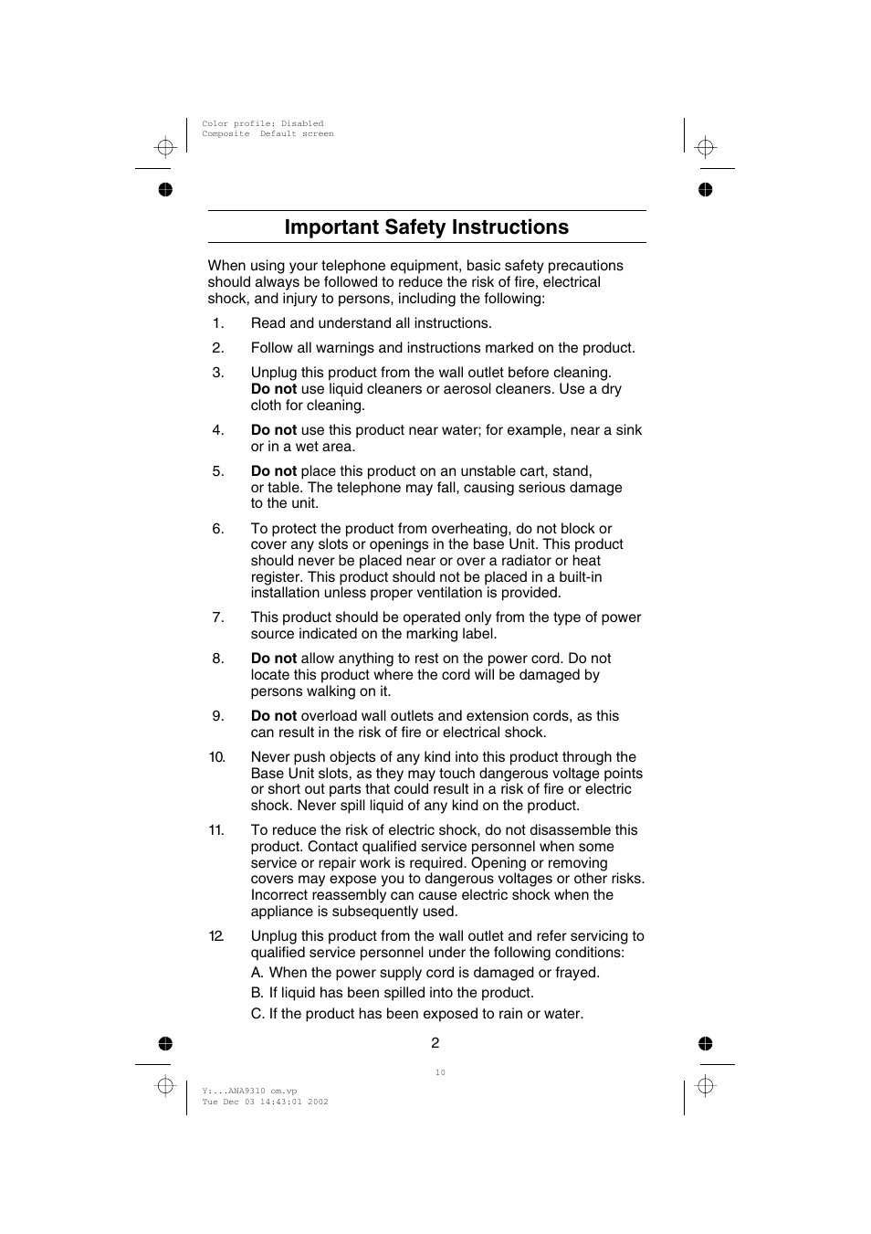 Important safety instructions | Uniden ANA 9310 User Manual | Page 8 / 46