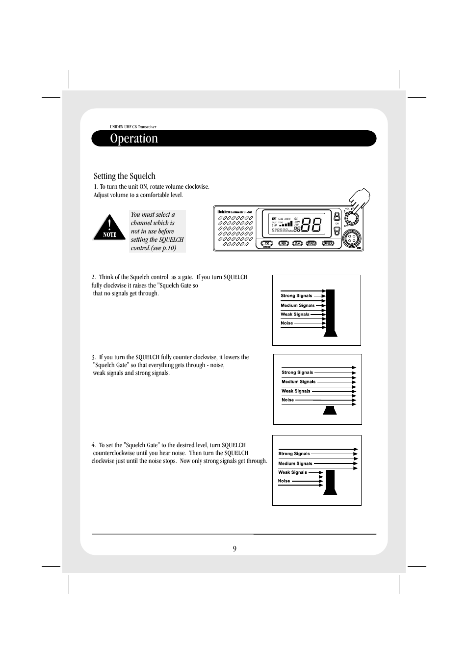 Operation, Setting the squelch | Uniden UH088SX CB User Manual | Page 11 / 24