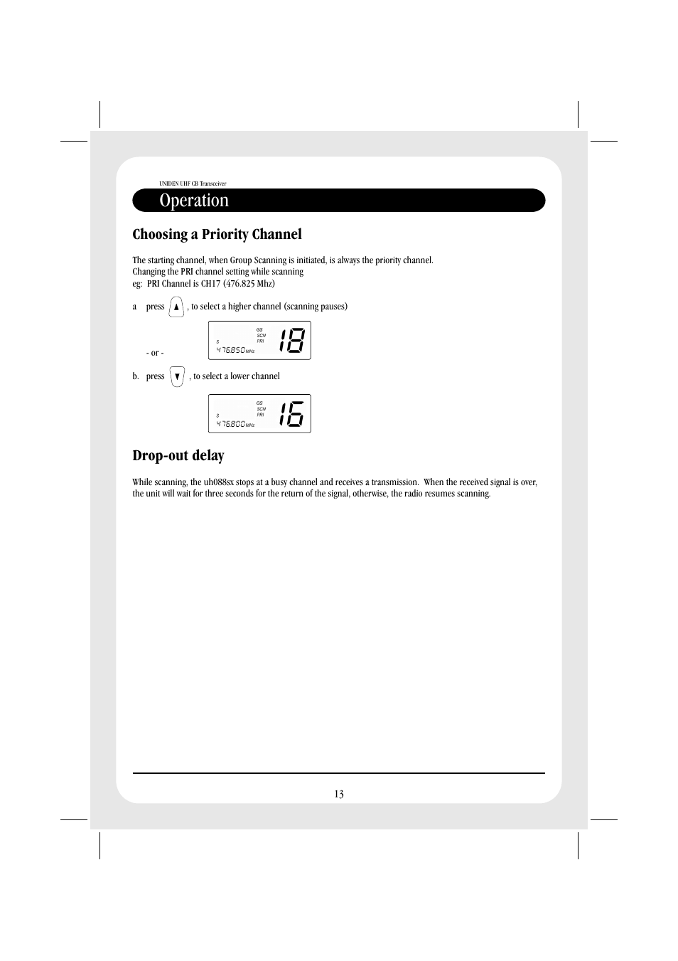 Operation, Choosing a priority channel drop-out delay | Uniden UH088SX CB User Manual | Page 15 / 24