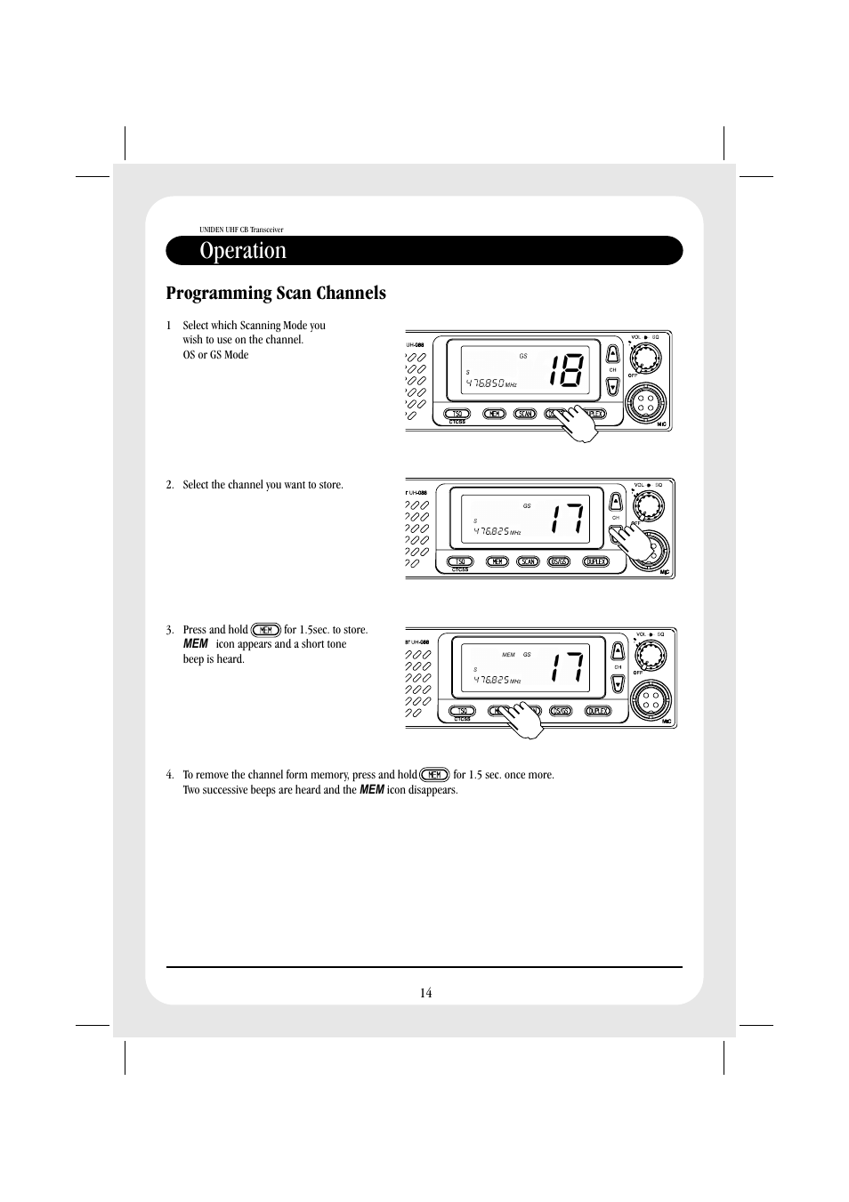 Operation, Programming scan channels | Uniden UH088SX CB User Manual | Page 16 / 24