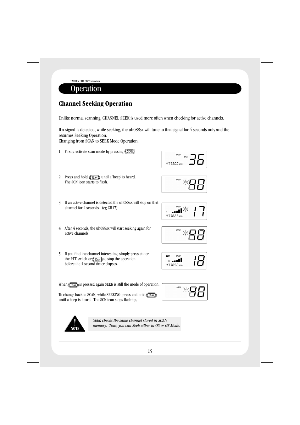 Operation, Channel seeking operation | Uniden UH088SX CB User Manual | Page 17 / 24