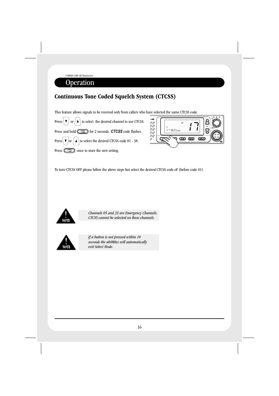 Operation, Continuous tone coded squelch system (ctcss) | Uniden UH088SX CB User Manual | Page 18 / 24