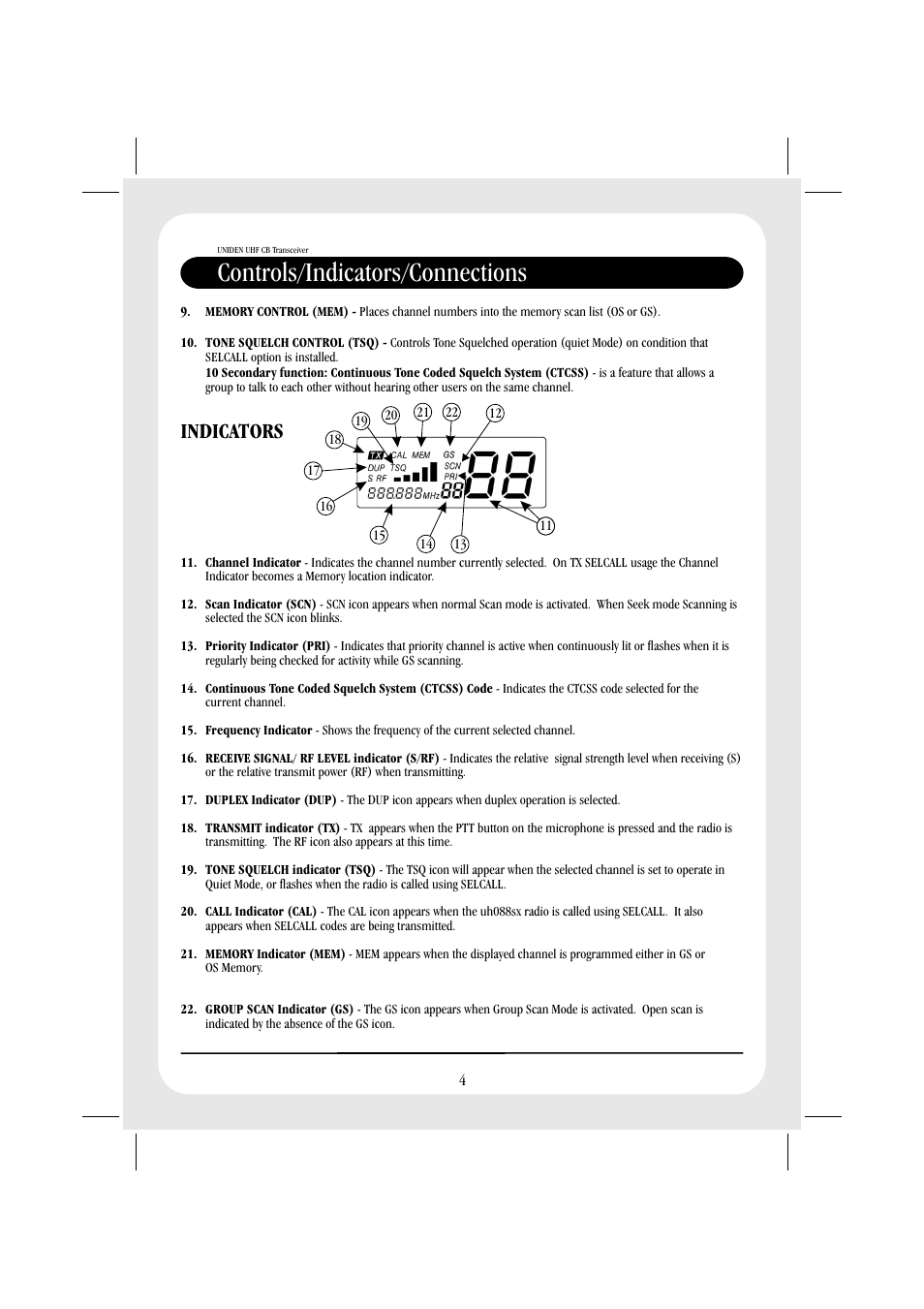 Controls/indicators/connections, Indicators | Uniden UH088SX CB User Manual | Page 6 / 24