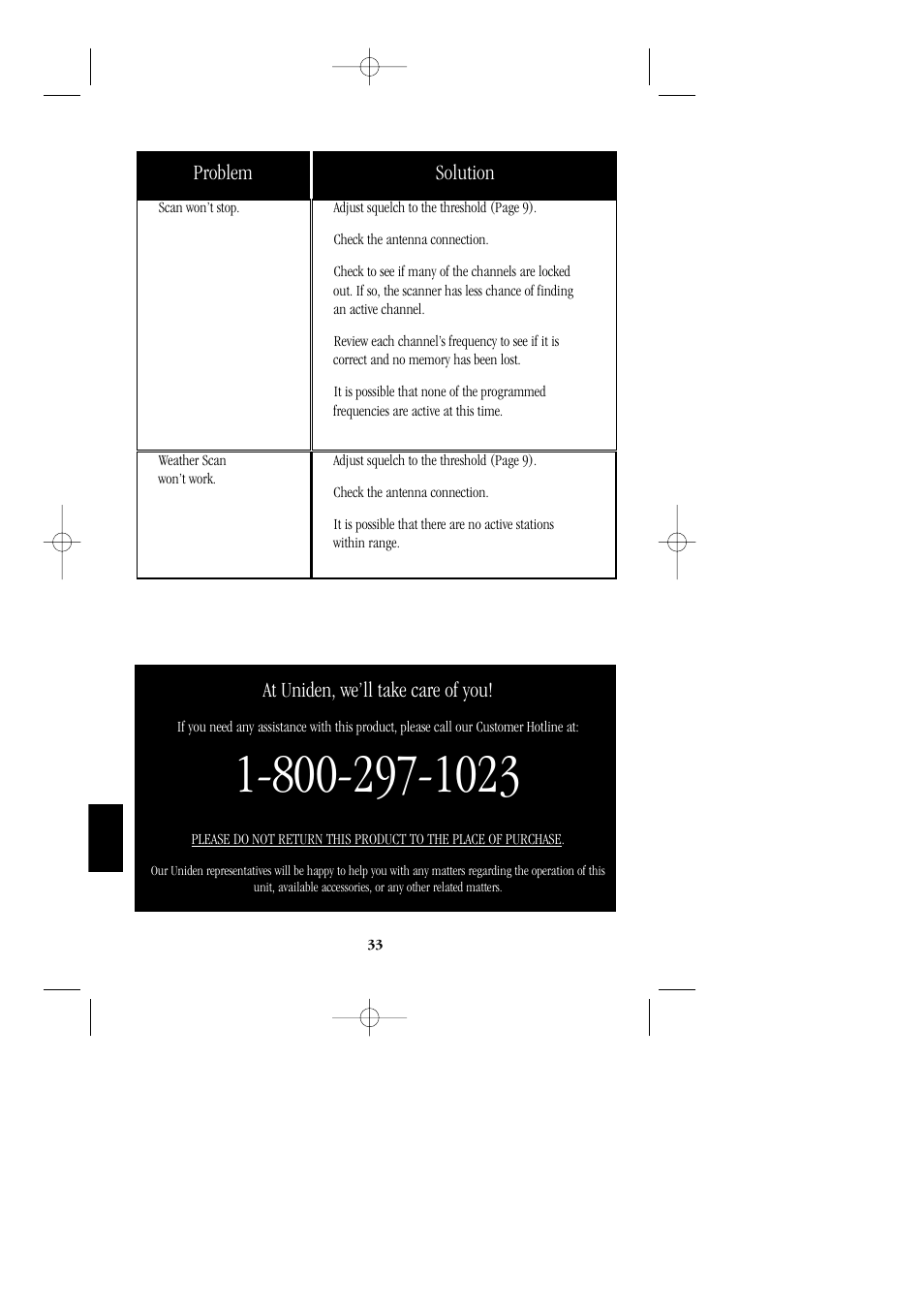 Problem solution, At uniden, we’ll take care of you | Uniden BC248CLT User Manual | Page 36 / 42