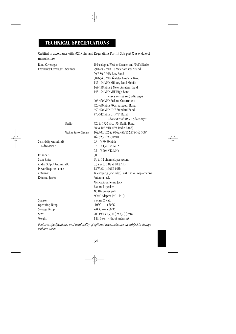 Technical specifications | Uniden BC248CLT User Manual | Page 37 / 42