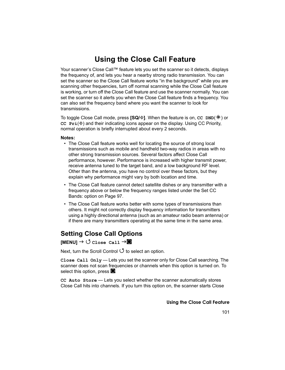 Using the close call feature, Setting close call options | Uniden BCD996T User Manual | Page 101 / 152