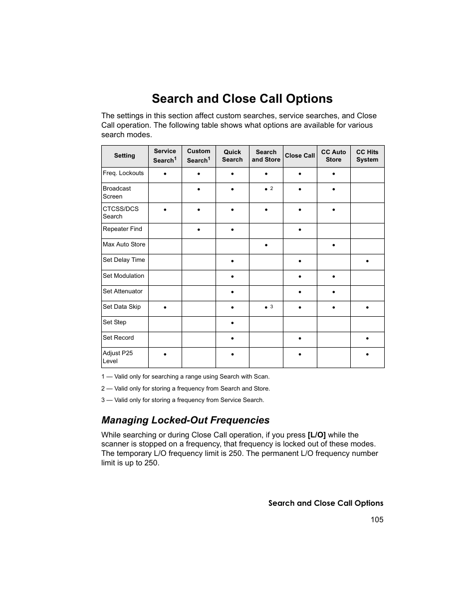 Search and close call options, Managing locked-out frequencies | Uniden BCD996T User Manual | Page 105 / 152