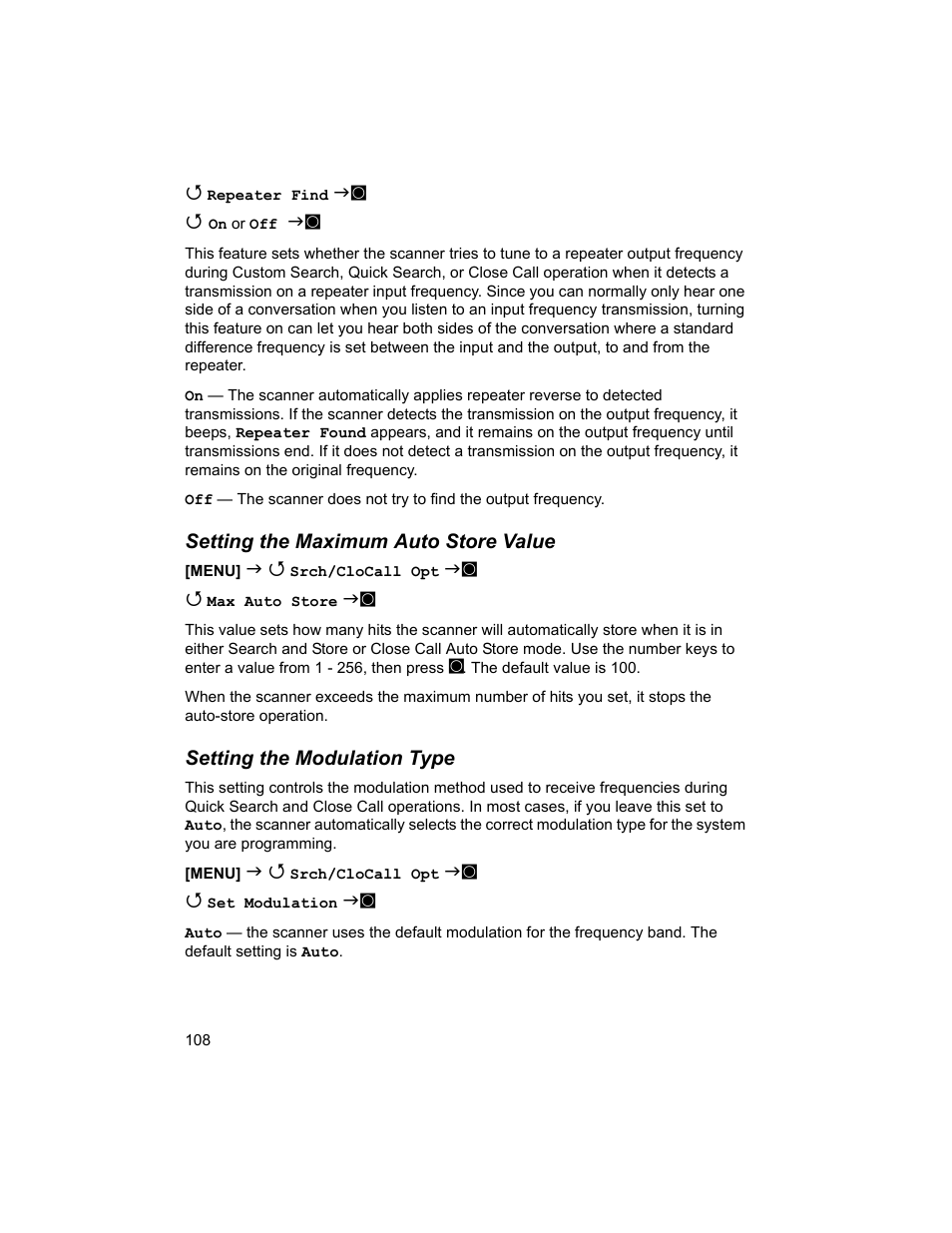 Setting the maximum auto store value, Setting the modulation type | Uniden BCD996T User Manual | Page 108 / 152