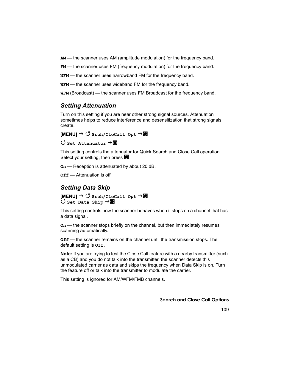 Setting attenuation, Setting data skip | Uniden BCD996T User Manual | Page 109 / 152