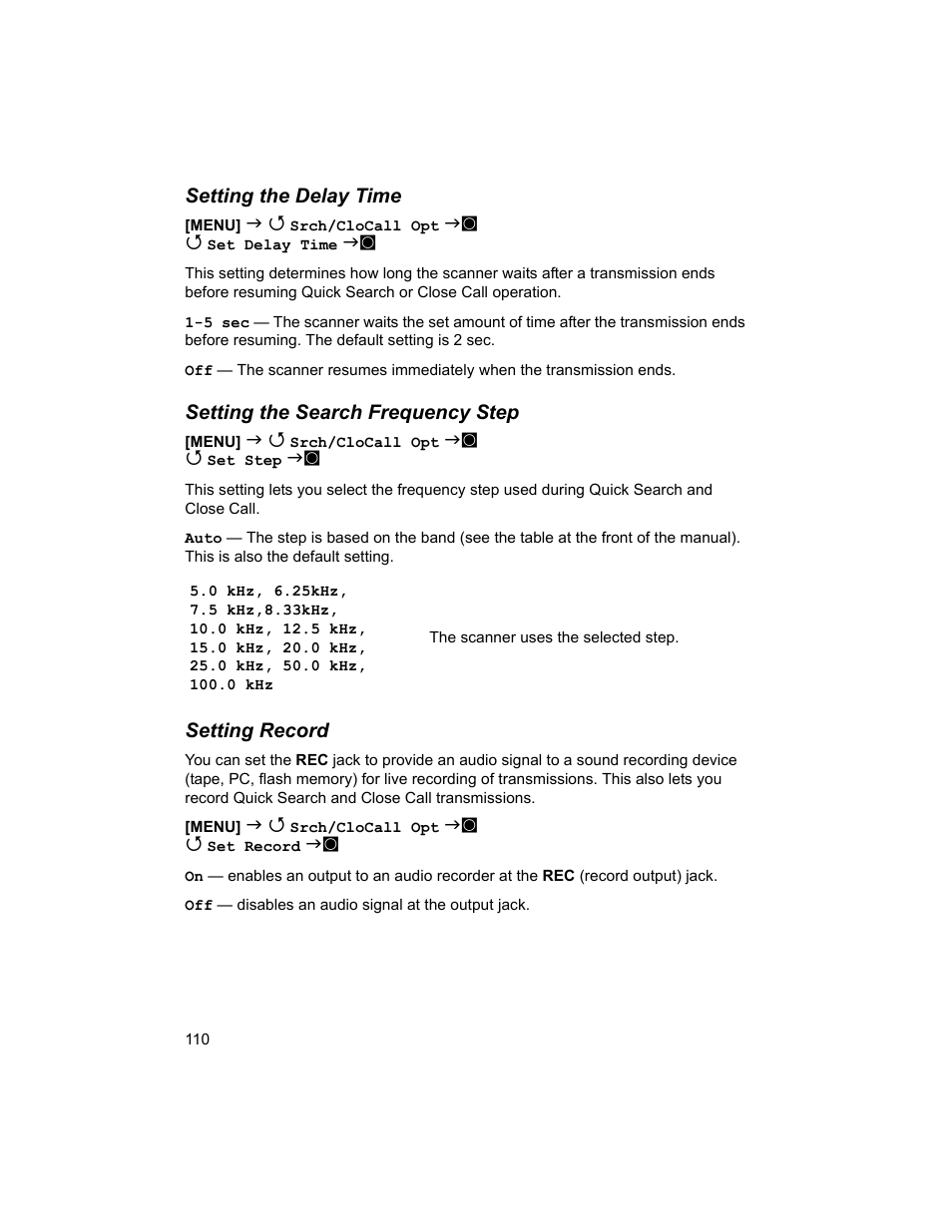 Setting the delay time, Setting the search frequency step, Setting record | Uniden BCD996T User Manual | Page 110 / 152