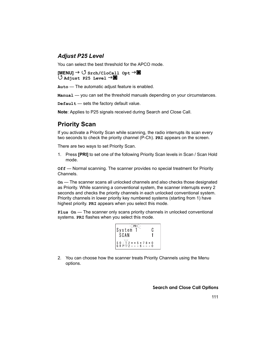 Priority scan, Adjust p25 level | Uniden BCD996T User Manual | Page 111 / 152