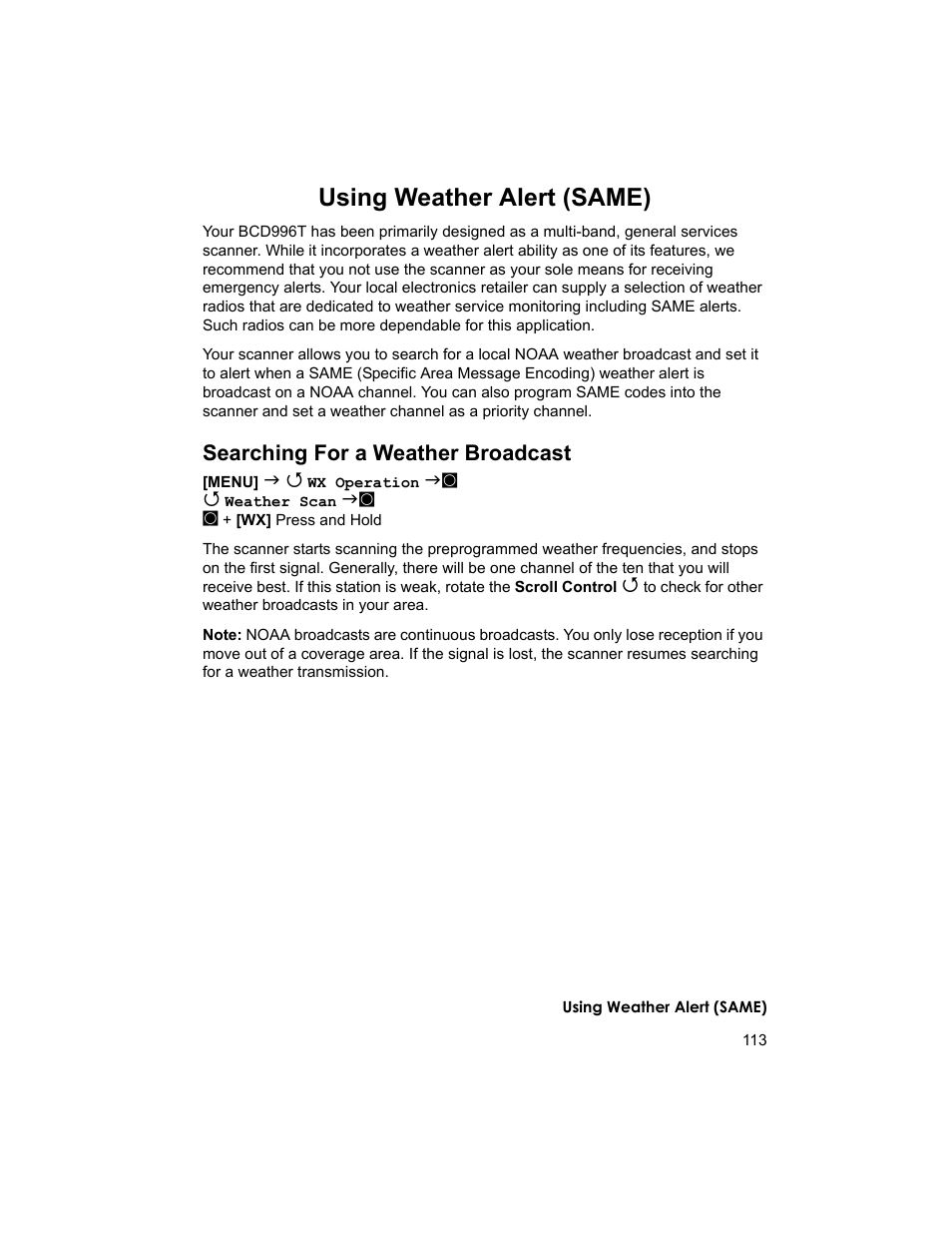 Using weather alert (same), Searching for a weather broadcast | Uniden BCD996T User Manual | Page 113 / 152
