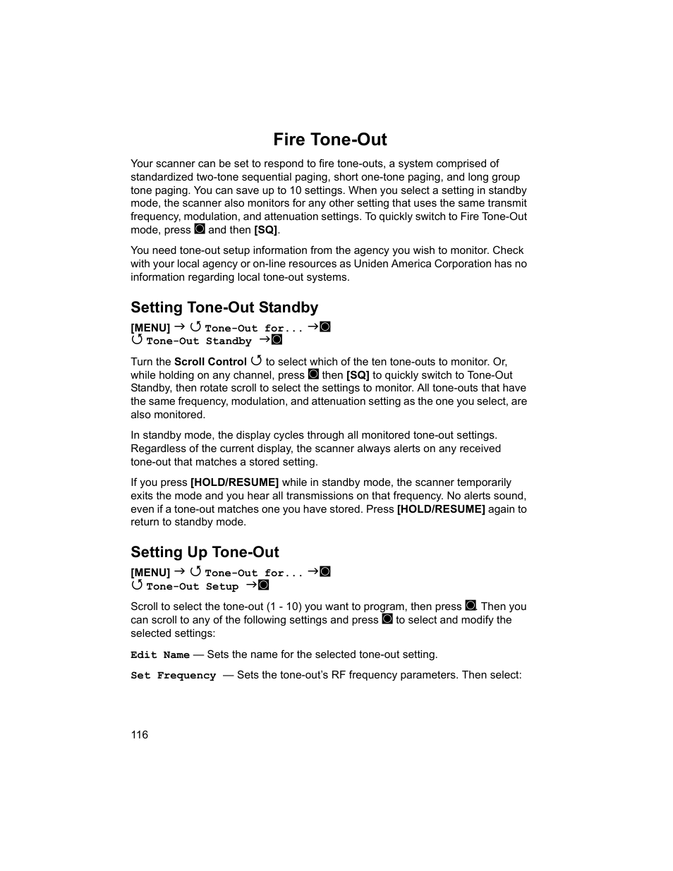 Fire tone-out, Setting tone-out standby, Setting up tone-out | Uniden BCD996T User Manual | Page 116 / 152