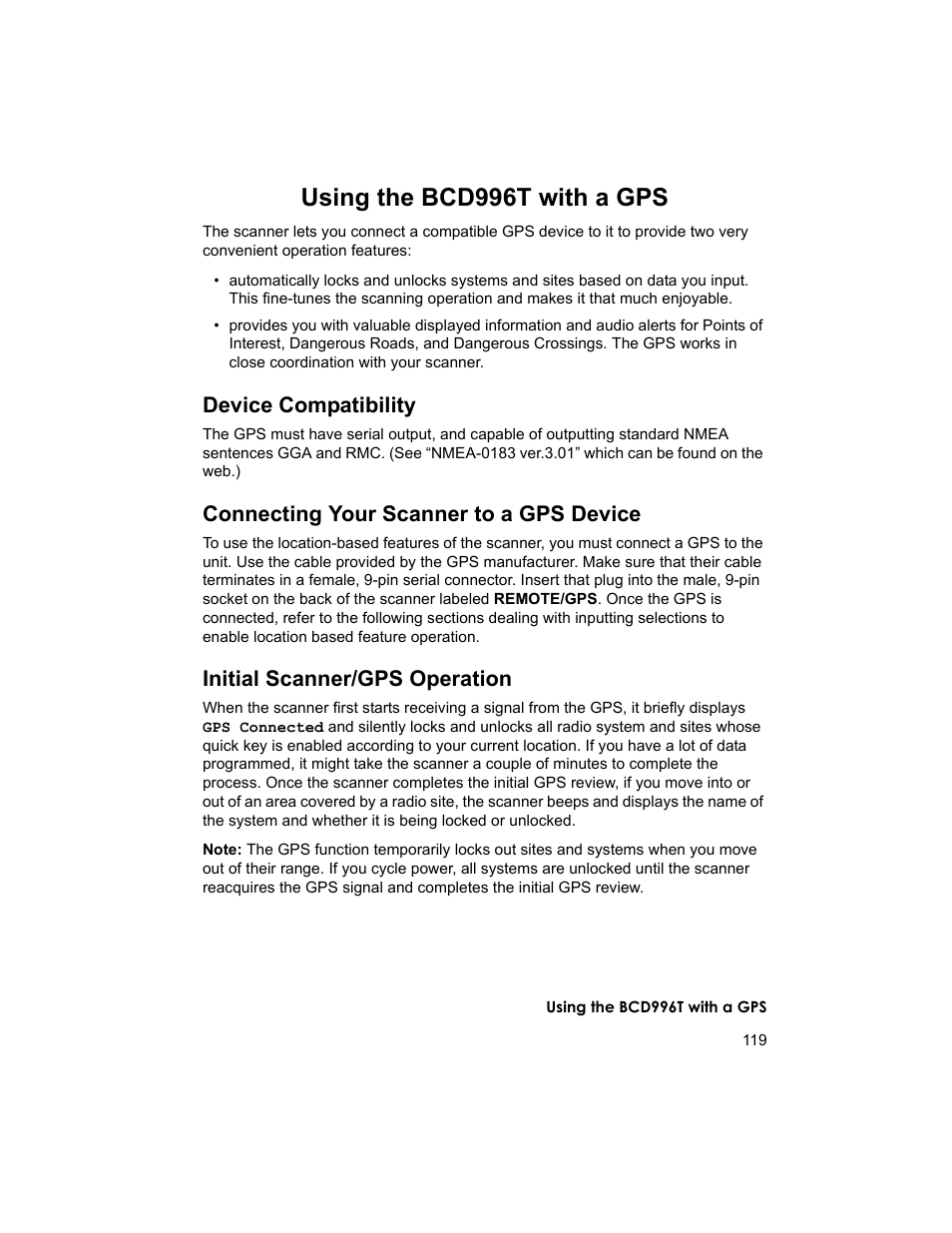 Using the bcd996t with a gps, Device compatibility, Connecting your scanner to a gps device | Initial scanner/gps operation | Uniden BCD996T User Manual | Page 119 / 152
