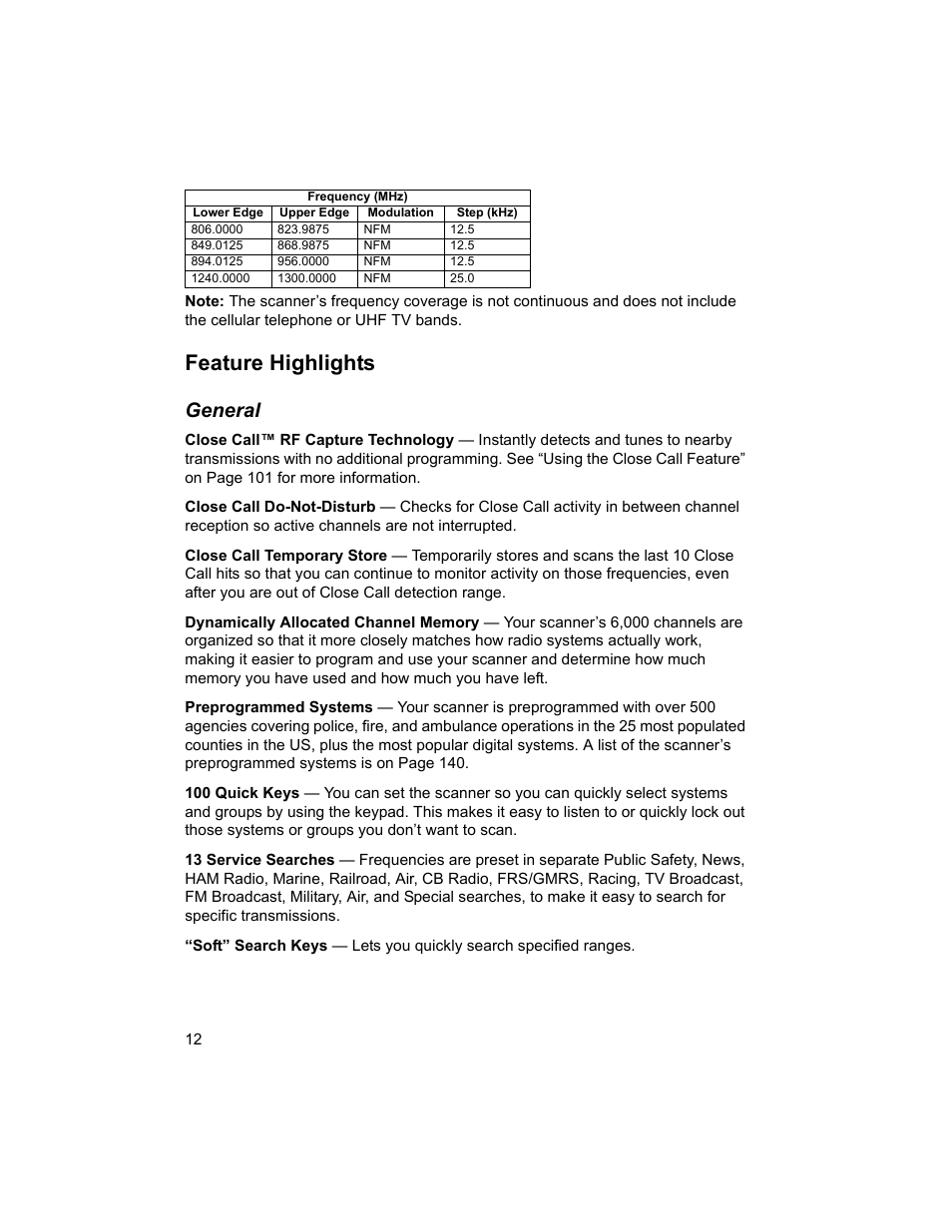 Feature highlights, General | Uniden BCD996T User Manual | Page 12 / 152