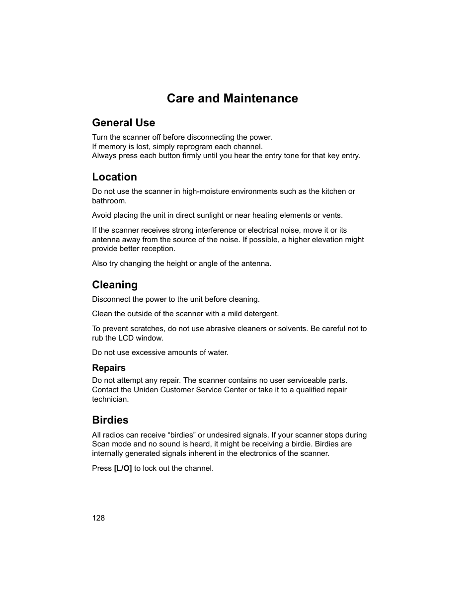 Care and maintenance, General use, Location | Cleaning, Birdies | Uniden BCD996T User Manual | Page 128 / 152
