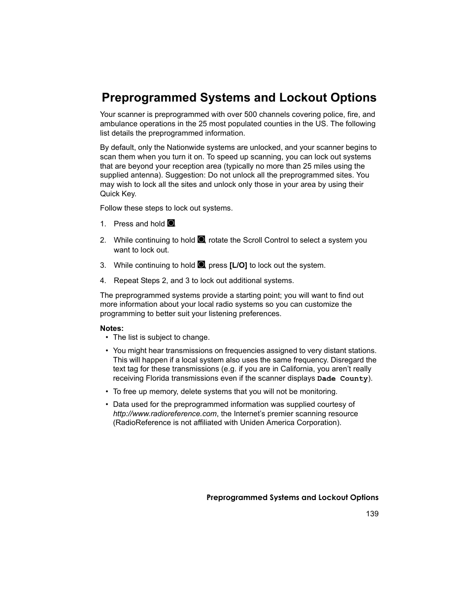 Preprogrammed systems and lockout options | Uniden BCD996T User Manual | Page 139 / 152