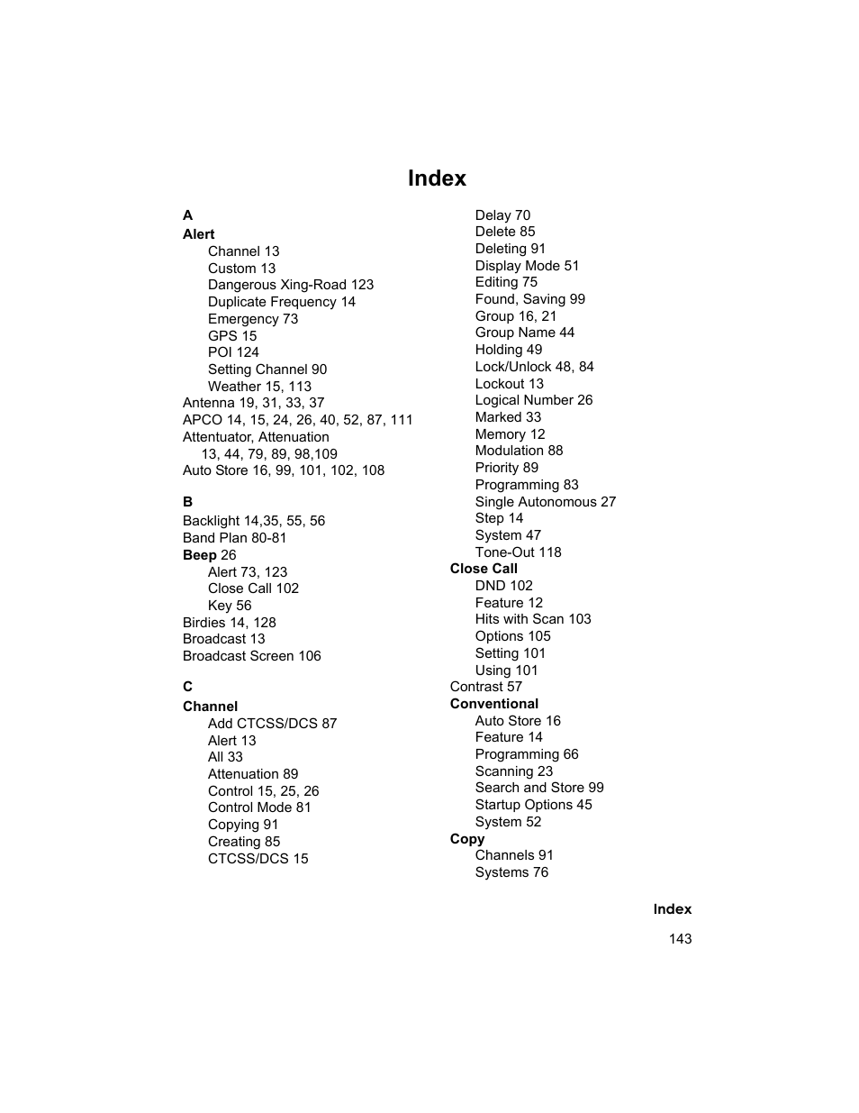 Index | Uniden BCD996T User Manual | Page 143 / 152
