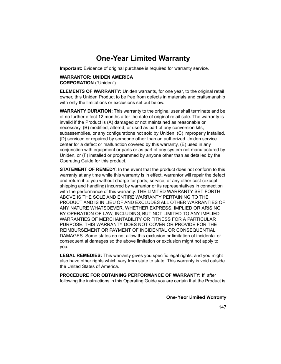 One-year limited warranty | Uniden BCD996T User Manual | Page 147 / 152