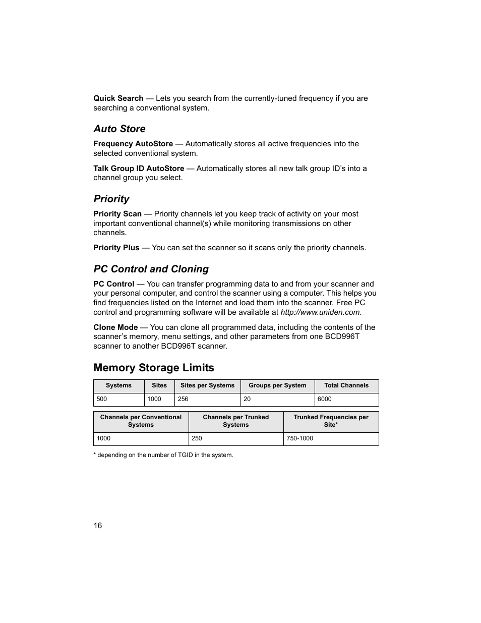 Auto store, Priority, Pc control and cloning | Uniden BCD996T User Manual | Page 16 / 152
