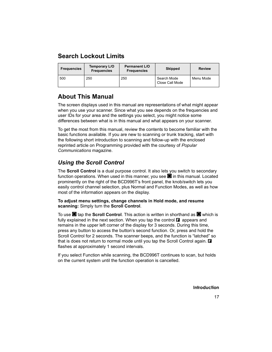 Search lockout limits about this manual, Using the scroll control | Uniden BCD996T User Manual | Page 17 / 152