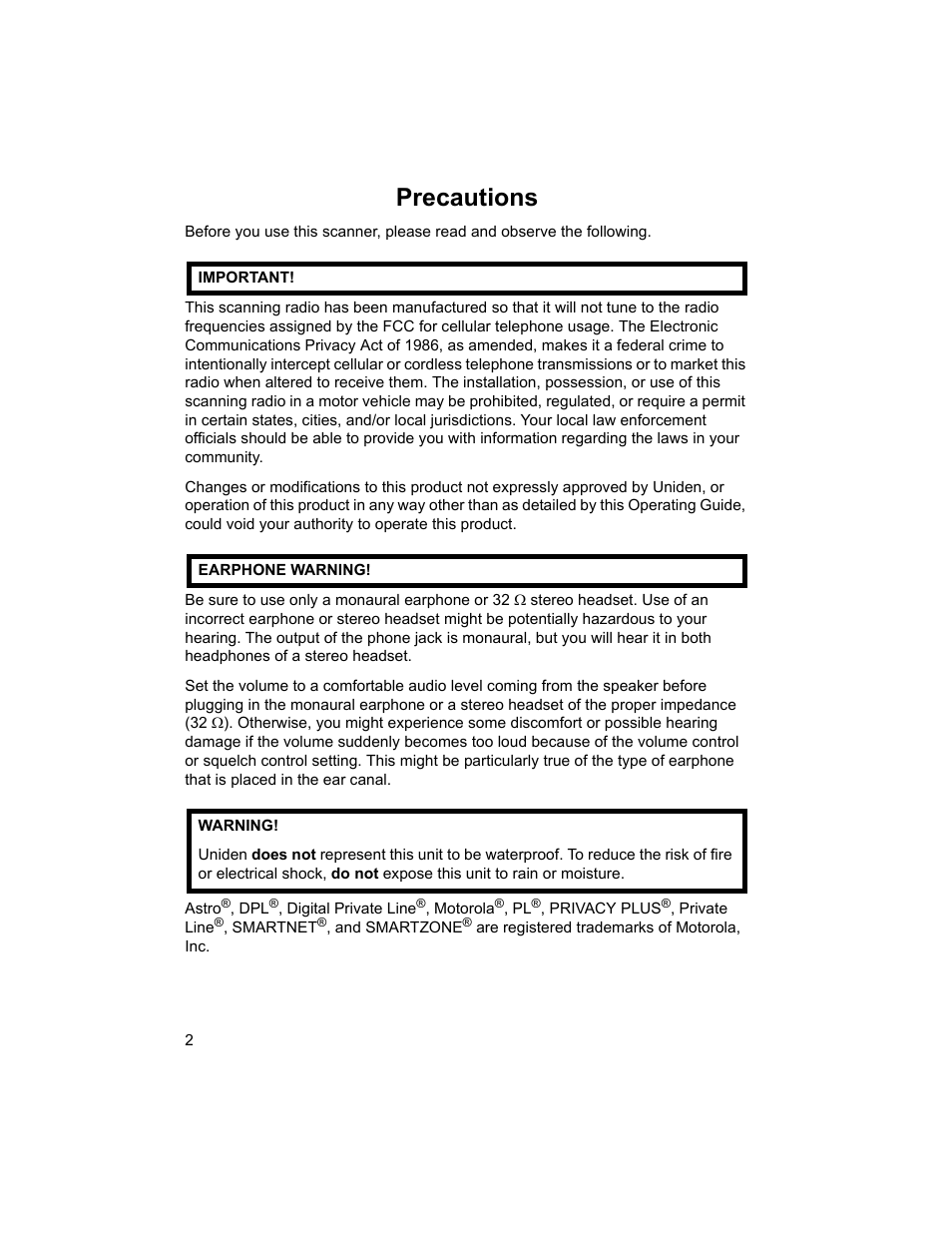 Precautions | Uniden BCD996T User Manual | Page 2 / 152