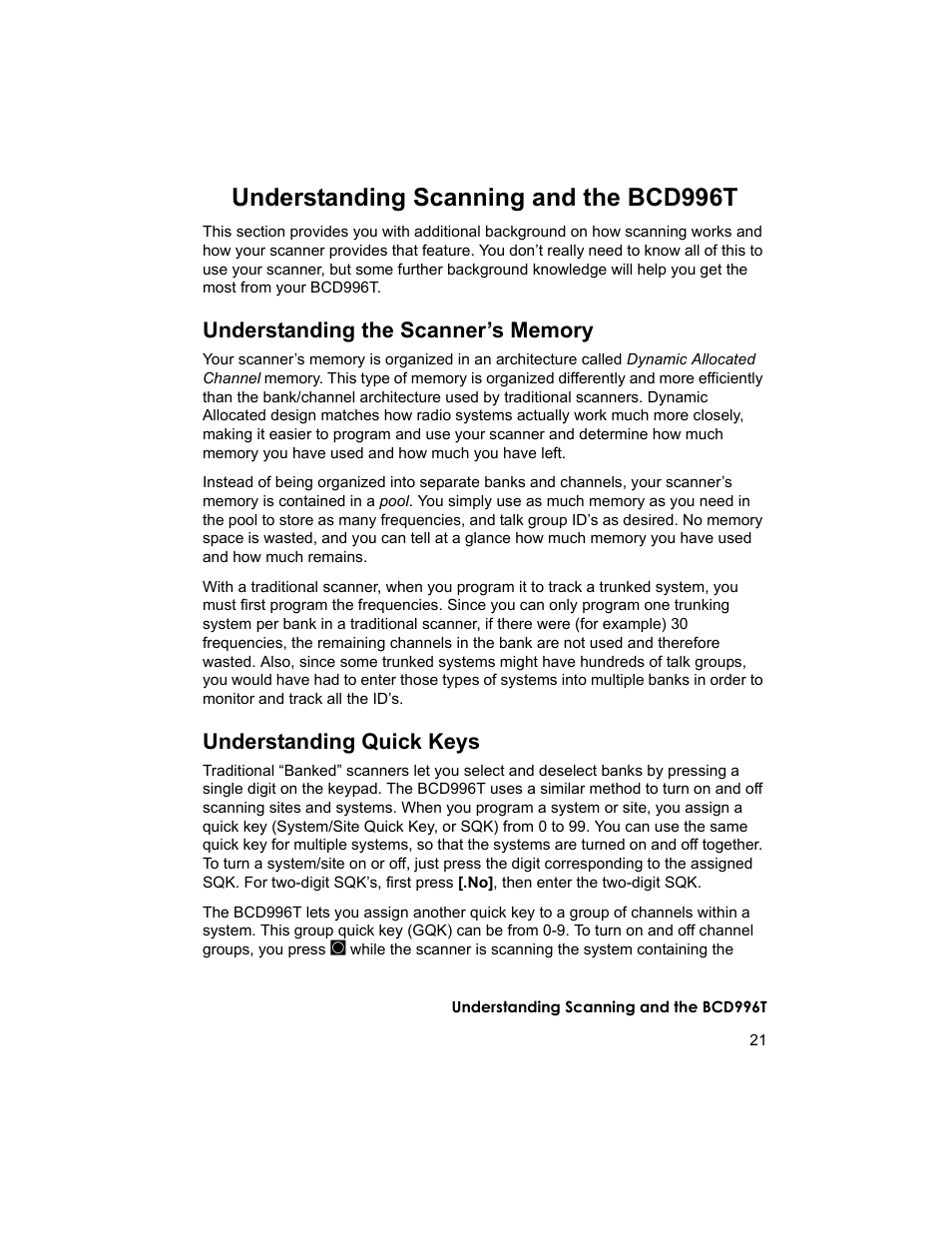 Understanding scanning and the bcd996t, Understanding quick keys | Uniden BCD996T User Manual | Page 21 / 152