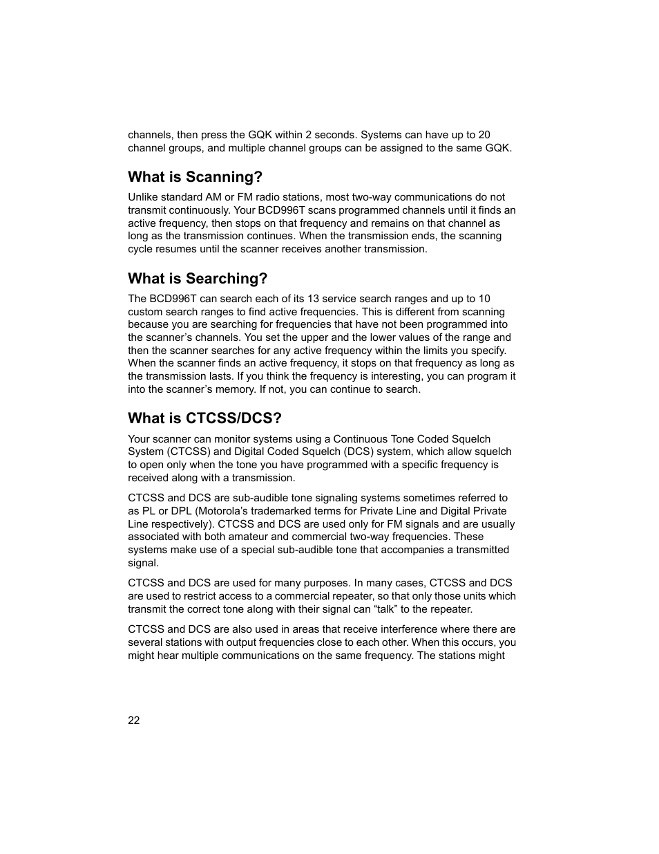 What is scanning, What is searching, What is ctcss/dcs | Uniden BCD996T User Manual | Page 22 / 152