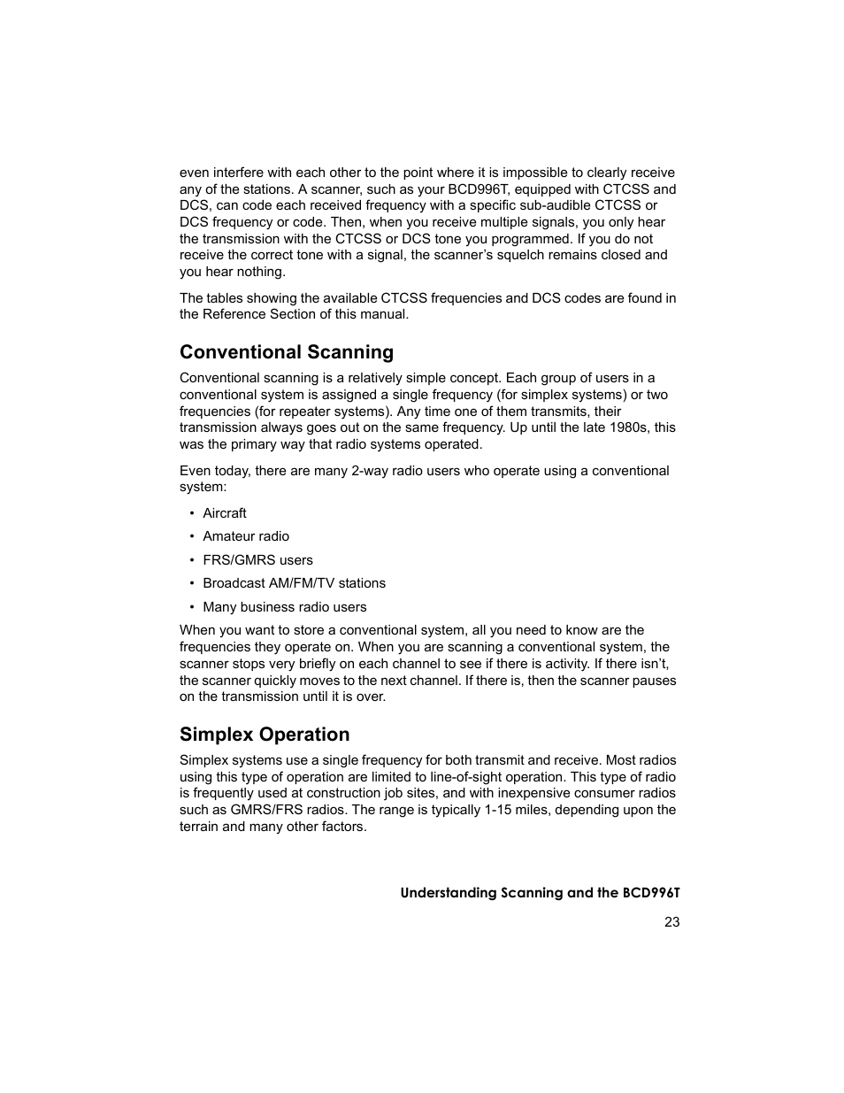 Conventional scanning, Simplex operation | Uniden BCD996T User Manual | Page 23 / 152