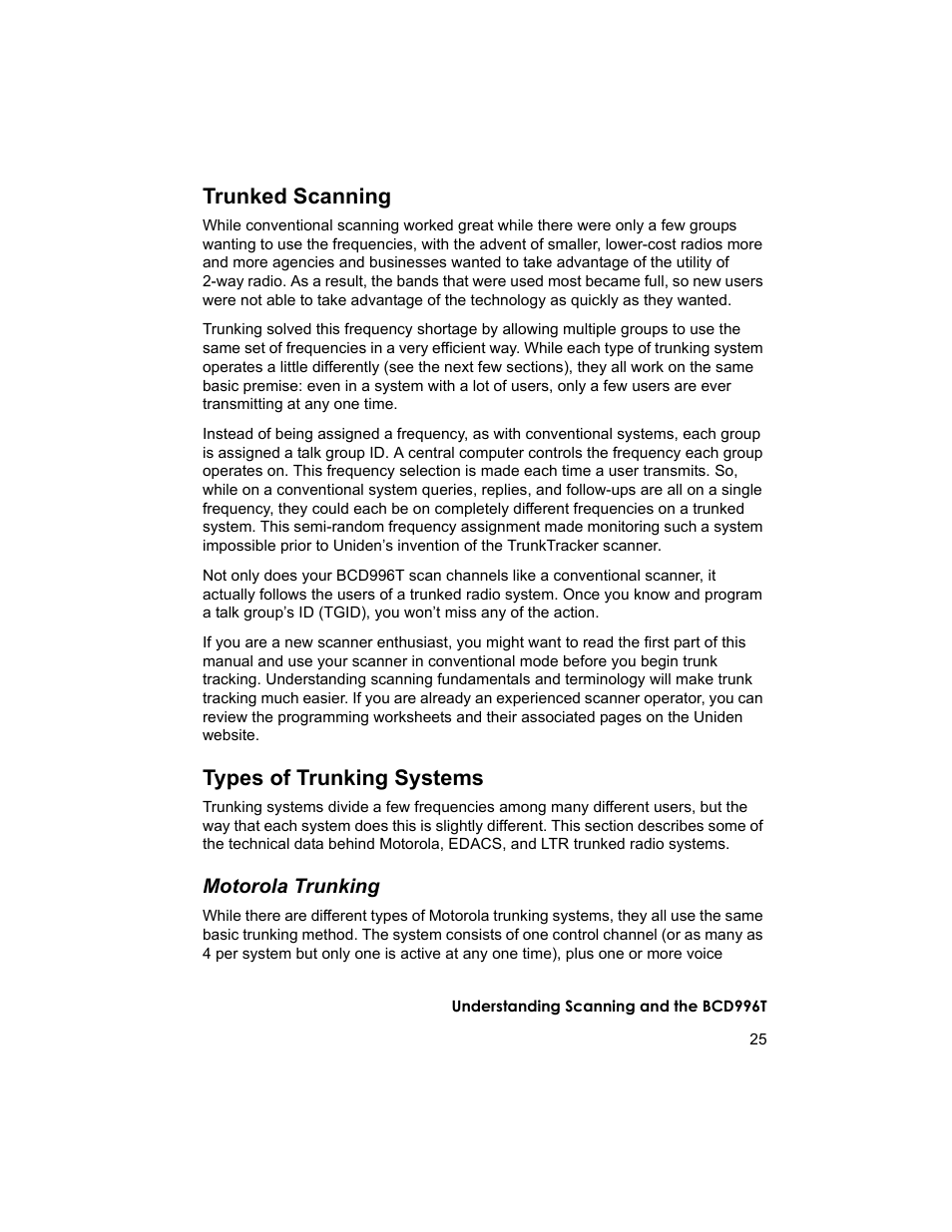 Trunked scanning, Types of trunking systems, Motorola trunking | Uniden BCD996T User Manual | Page 25 / 152