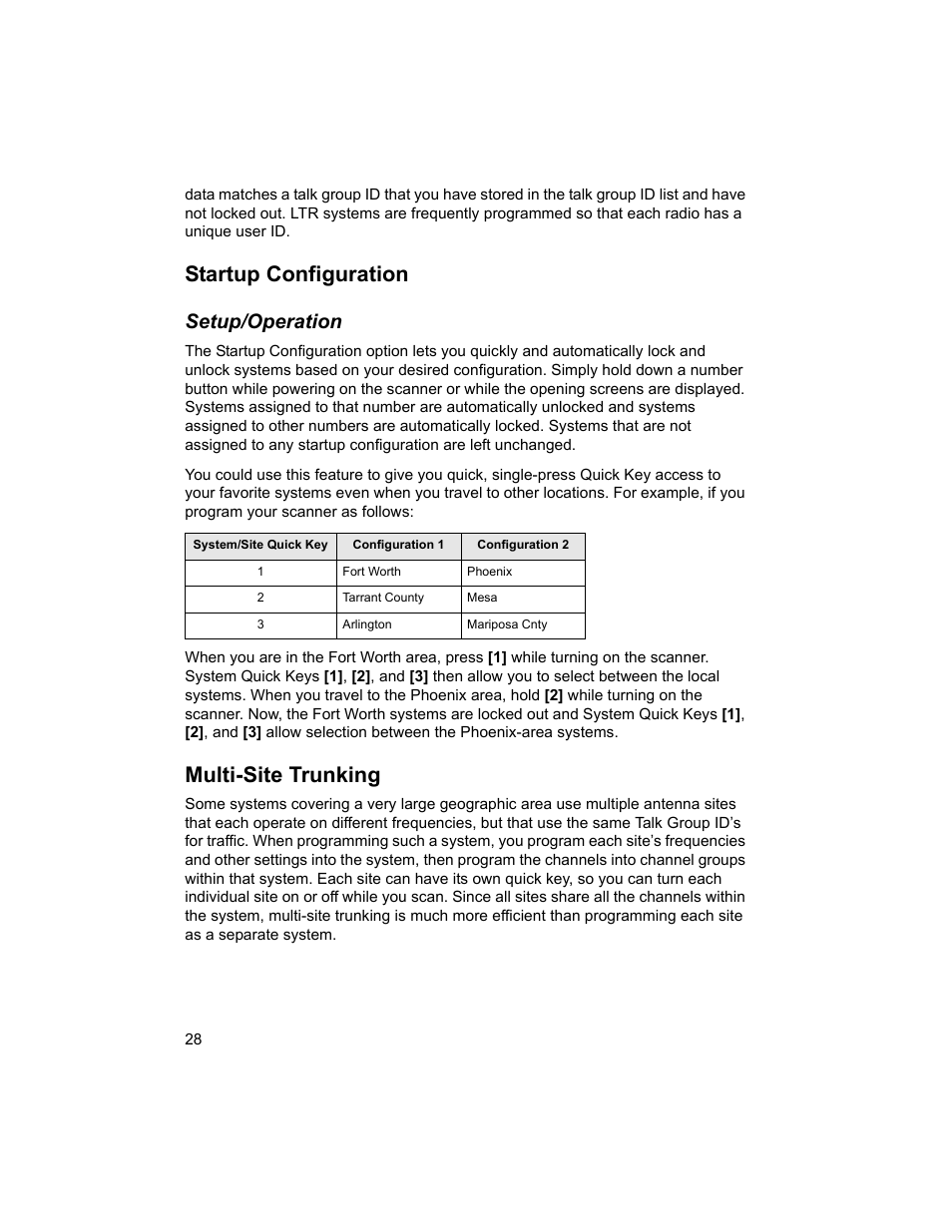 Startup configuration, Multi-site trunking, Setup/operation | Uniden BCD996T User Manual | Page 28 / 152