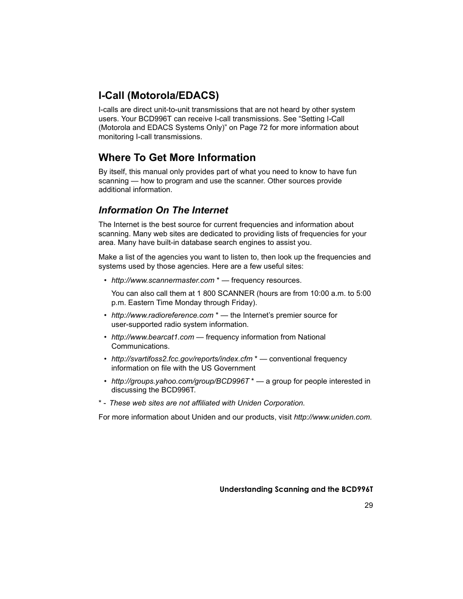 I-call (motorola/edacs), Where to get more information, Information on the internet | Uniden BCD996T User Manual | Page 29 / 152