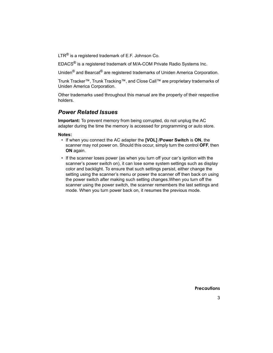 Power related issues | Uniden BCD996T User Manual | Page 3 / 152