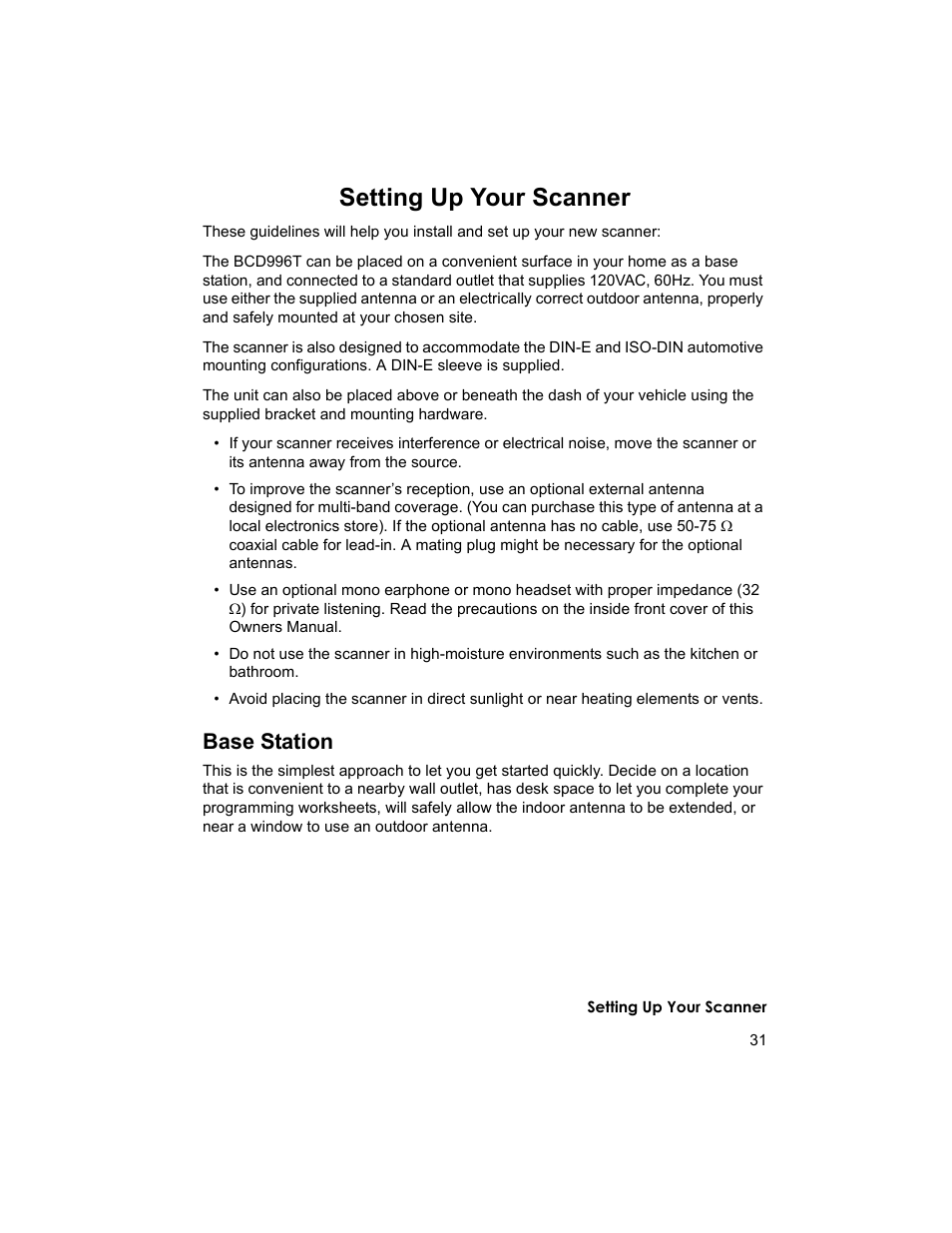 Setting up your scanner, Base station | Uniden BCD996T User Manual | Page 31 / 152