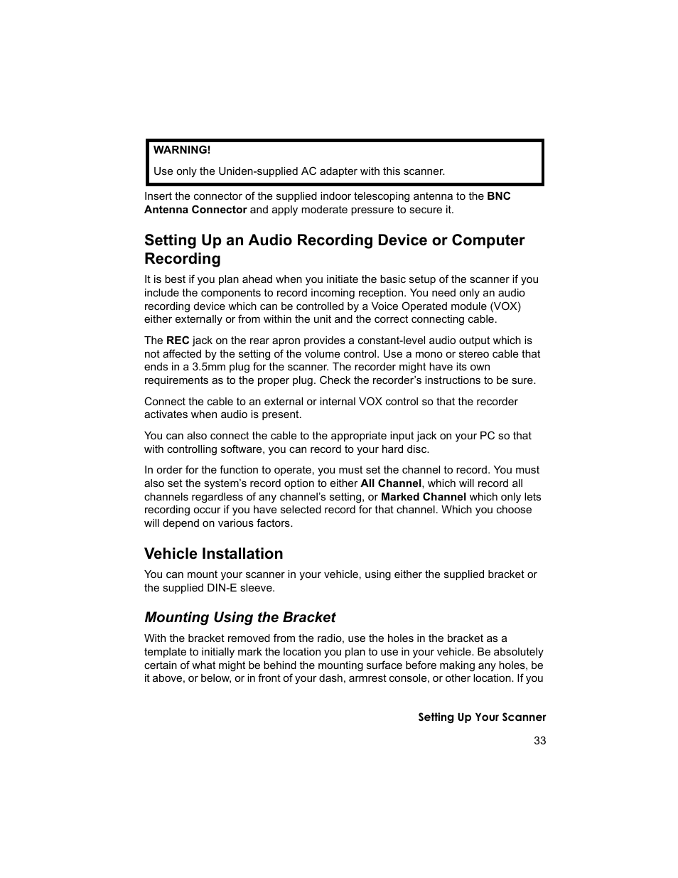 Vehicle installation, Mounting using the bracket | Uniden BCD996T User Manual | Page 33 / 152