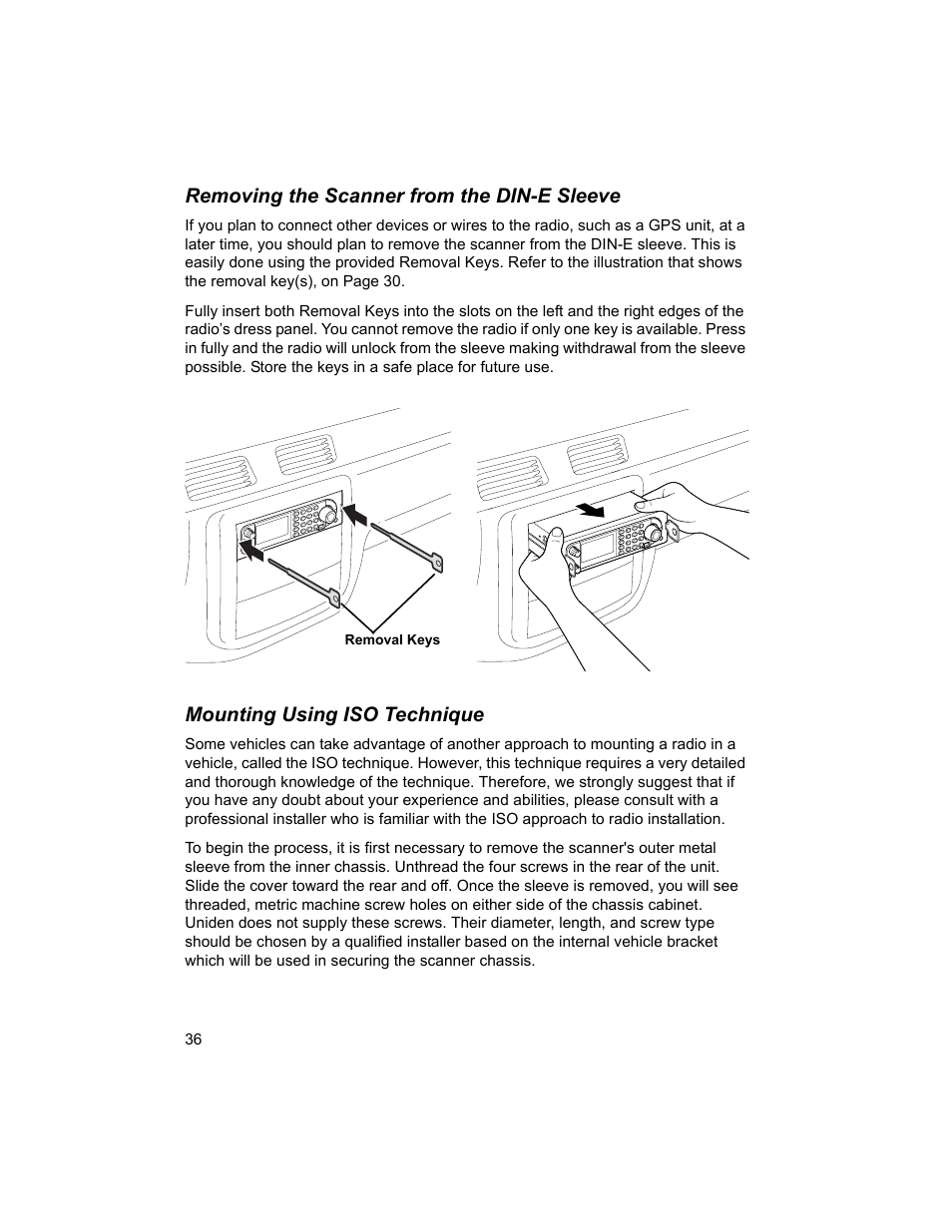 Removing the scanner from the din-e sleeve, Mounting using iso technique | Uniden BCD996T User Manual | Page 36 / 152